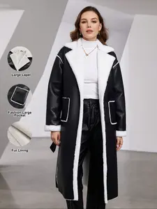 Women's Solid Belted Drop Shoulder Faux Fur Fuzzy Fitted Jacket, Casual Long Sleeve Collared Lapel Neckline Coats Outerwear for Fall & Winter, Ladies Clothes for Daily Wear