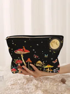 Mushroom & Butterfly Pattern Makeup Bag, Corduroy Zipper Makeup Bag, Multi-functional Portable Travel Storage Bag for Women & Girls, Makeup Organizer Pouch