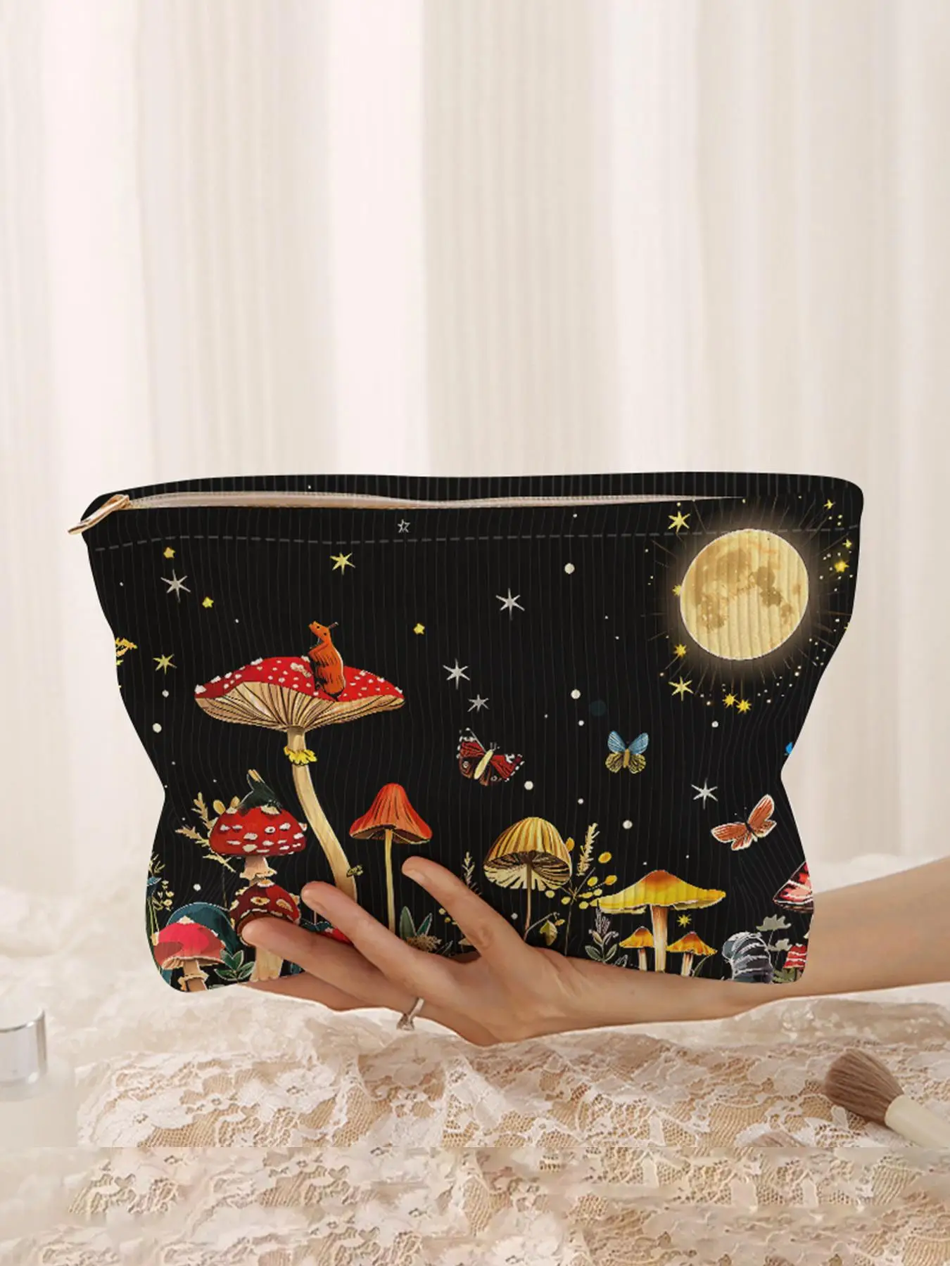 Mushroom & Butterfly Pattern Makeup Bag, Corduroy Zipper Makeup Bag, Multi-functional Portable Travel Storage Bag for Women & Girls