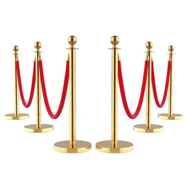 6Pcs Gold Metal Stanchions with Velvet Ropes Set - Stainless Steel Crowd Control Barriers, Retractable Belts, Hollow Bases, Durable Ropes, Sturdy Posts for Events, Occasions, Occasion, Plastic