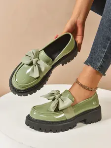 Multicolor Bowknot Thick Sole Round Toe Loafers, Sweet Cool Jk Uniform Shoes, All Season Versatile Fashion Footwear, PU Upper, Rubber Sole