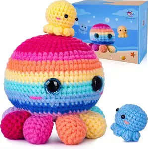 CROCHETTA Crochet Kit for Beginners - Jumbo 3 Colorful Octopus Amigurumi Crochet Starter Kit with Step-by-Step Video Tutorials and Amigurumi Tools