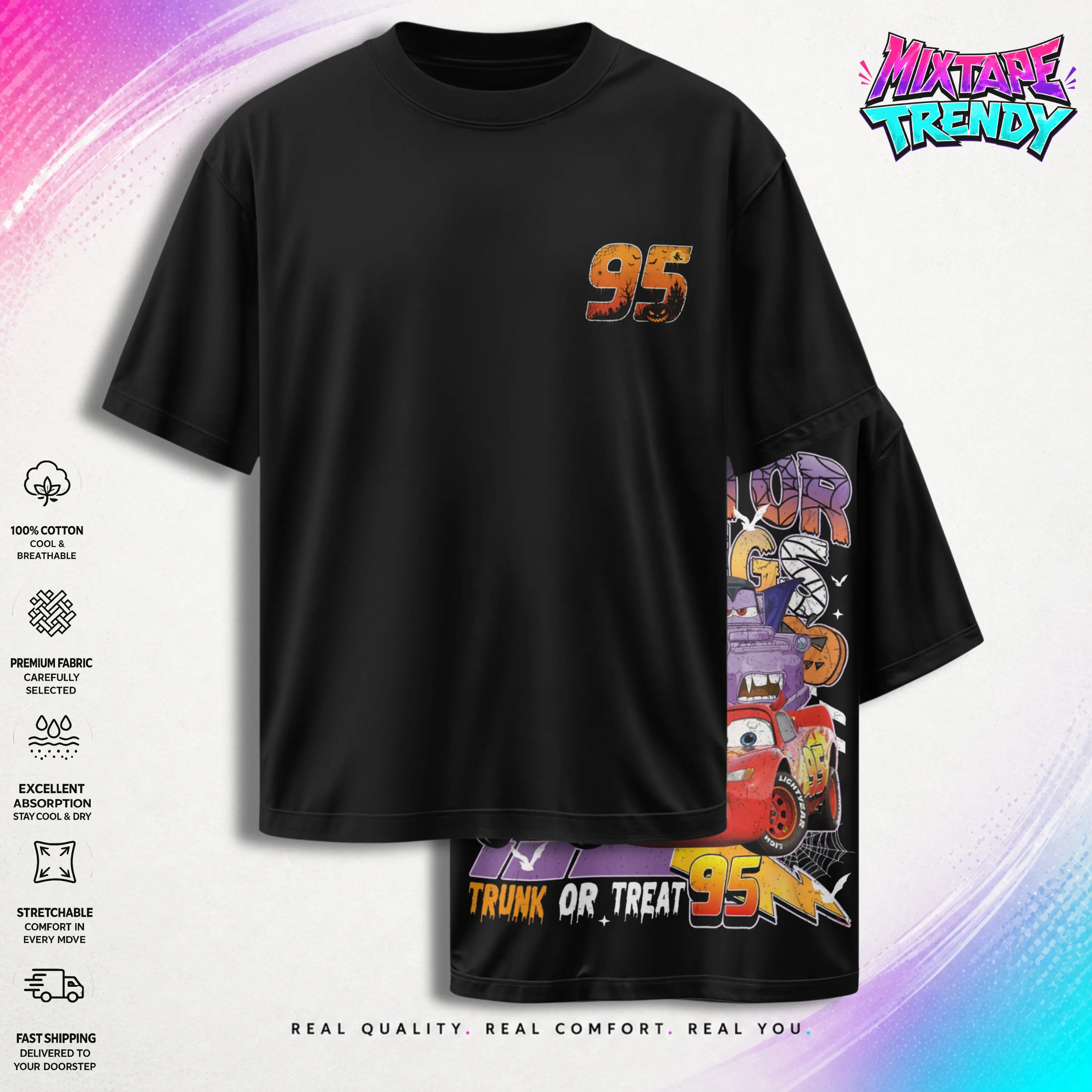 Retro Double-Sided Cars Movie Graphic T-Shirt - McQueen and Mater Halloween V2 Vintage Top Trendy Y2K Classic Unisex Streetwear Racing Style Gift for Fans