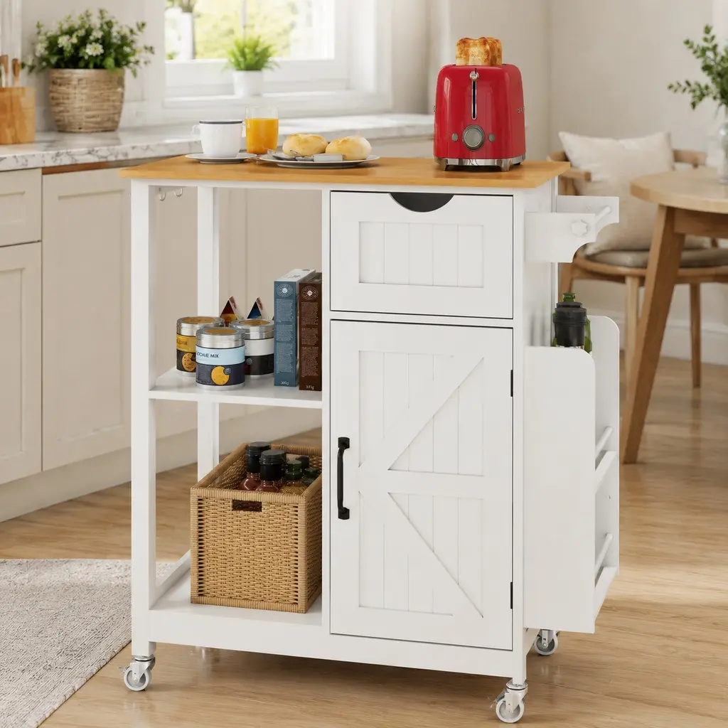 Kitchen Island Cart on Wheels with Storage Cabinet, Drawer, Spice Rack, Towel Rack, Adjustable Shelves, Rolling Utility Cart for Kitchen Dining Room, White MDF+Metal, 14.96W x 23.62D x 33.86H in, Ancient White Color Options, MDF+Metal Material