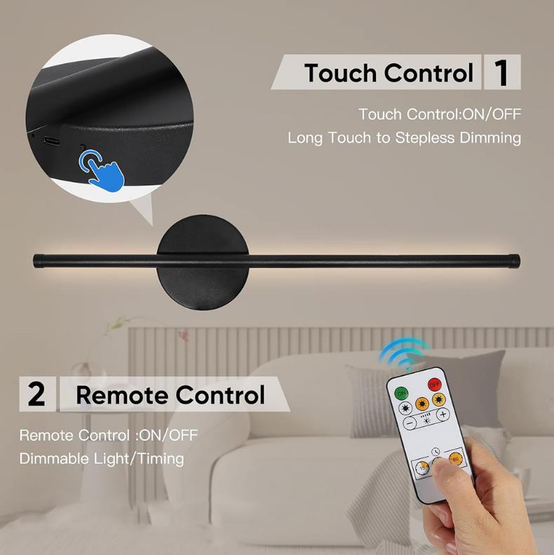 2pcs 50cm Rechargeable Wall Sconce Lights Battery Operated 3 Color Temperature Dimmable Wireless with Remote Control Black for Living Room Bedroom Modern Interior Elegance