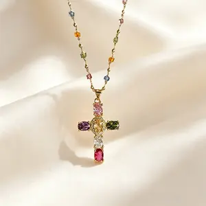 Super Sparkly Colorful Zircon Cross Necklace Contrast Color Zircon Collarbone Chain Sweet Cool Style Fashion Niche Design Personalized for Women 40cm Chain Length mothers day gift summervibes