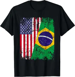 [100% Cotton] BRAZILIAN ROOTS | Half American Flag | BRAZIL T-Shirt streetwear dtf printing Casual Menswear