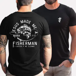 Fisher of Men Shirt – Christian Shirt for Men – Jesus Made Me a Fisherman Tee – Bible Verse T-Shirt – Faith Gift for Dad – Cross Fish Hook Tee – Father’s Day Christian Gift