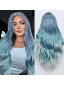 28inch Elegant Mermaid-Inspired Long Wavy Blue Mixed Wig - Heat Resistant Synthetic Hair for Women