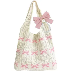 Medium city tote bag Pink Crochet Tote Coquette Bow Aesthetic Hobo Bag for Women Beach Mesh Knitted Shoulder Bag Boho Shoulder Handbag  Large Capacity Tote bag