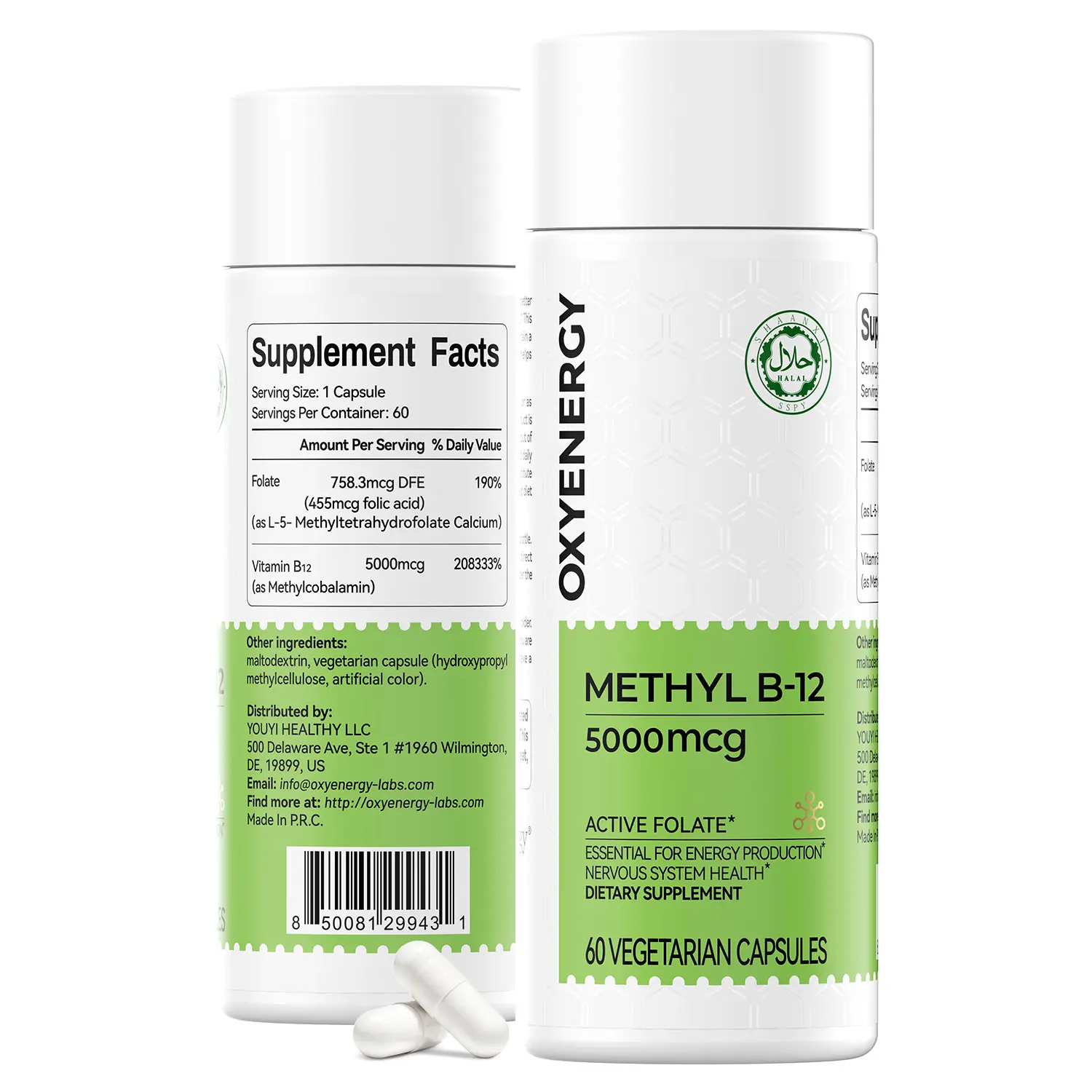 Oxyenergy Methyl B-12 Dietary Capsules - 5000mcg High Bioactivity Active Form, Active Folate, Healthcare Energy Focus Vitamins Supplements for Adults’ Nervous System Support, 60-Count Single Item Bottle