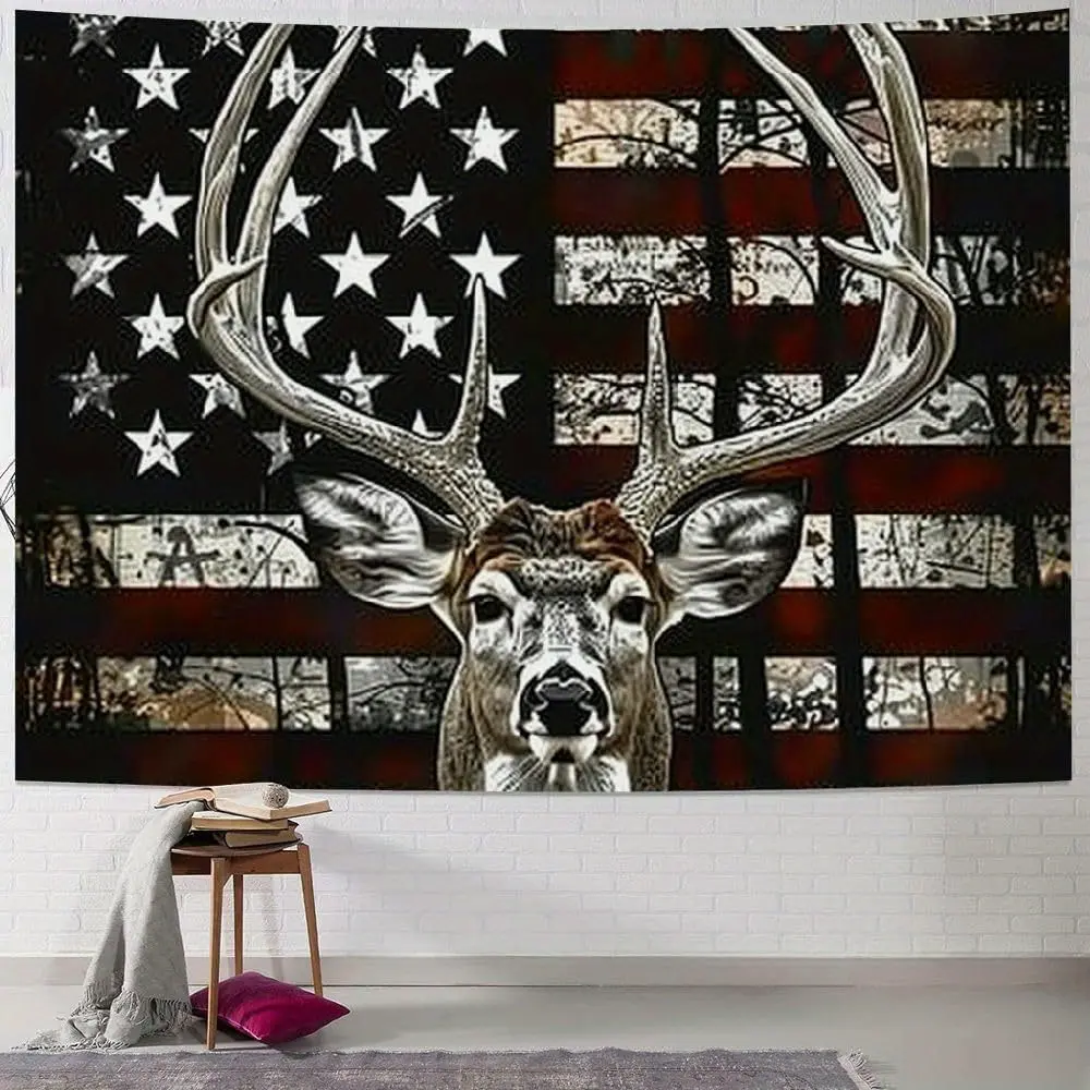 1pc Lightweight Synthetic Light Camouflage American Flag Hunting Tapestry - Deer Head, Patriotic Forest Scene, High-Resolution Graphic, Soft Polyester, 200g+ Fabric, 5 Sizes (40x30-90x60in), Multifunctional Peach Storage Wall Decor for Men's Bedroom,Dorm