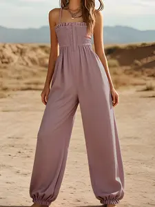 Women's Casual Plain Pleated One-Piece Jumpsuit, Summer Sleeveless Backless Design, Comfortable & Stylish Women's