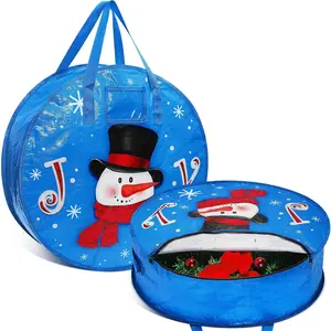 2 Pieces Christmas Wreath Storage Bag 24 Inch, Garland Holiday Container with Theme Patterns Christmas Wreath Storage Box with Heavy Duty Handle and Clear Window for Xmas (Blue,Snowman)