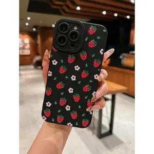 Cute Strawberry & Flower Pattern TPU Phone Case With Straight Edge And Pupil For Camera Lens,Suitable For IPhone17/IPhone17 Air/IPhone17 Pro/IPhone17 Pro Max/16 Pro Max/15 Pro Max/14 Pro Max/13 Pro Max/12 Pro Max