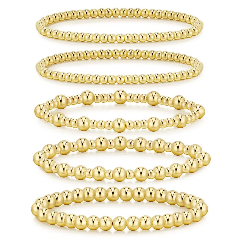 Waterproof Gold Bracelet for Women, 14K Gold Plated Beaded Ball Bracelet, Stackable Adjustable Jewelry Set, Great Gift, Stackable Bracelets, Sparkle Gold Bracelets & Bangles