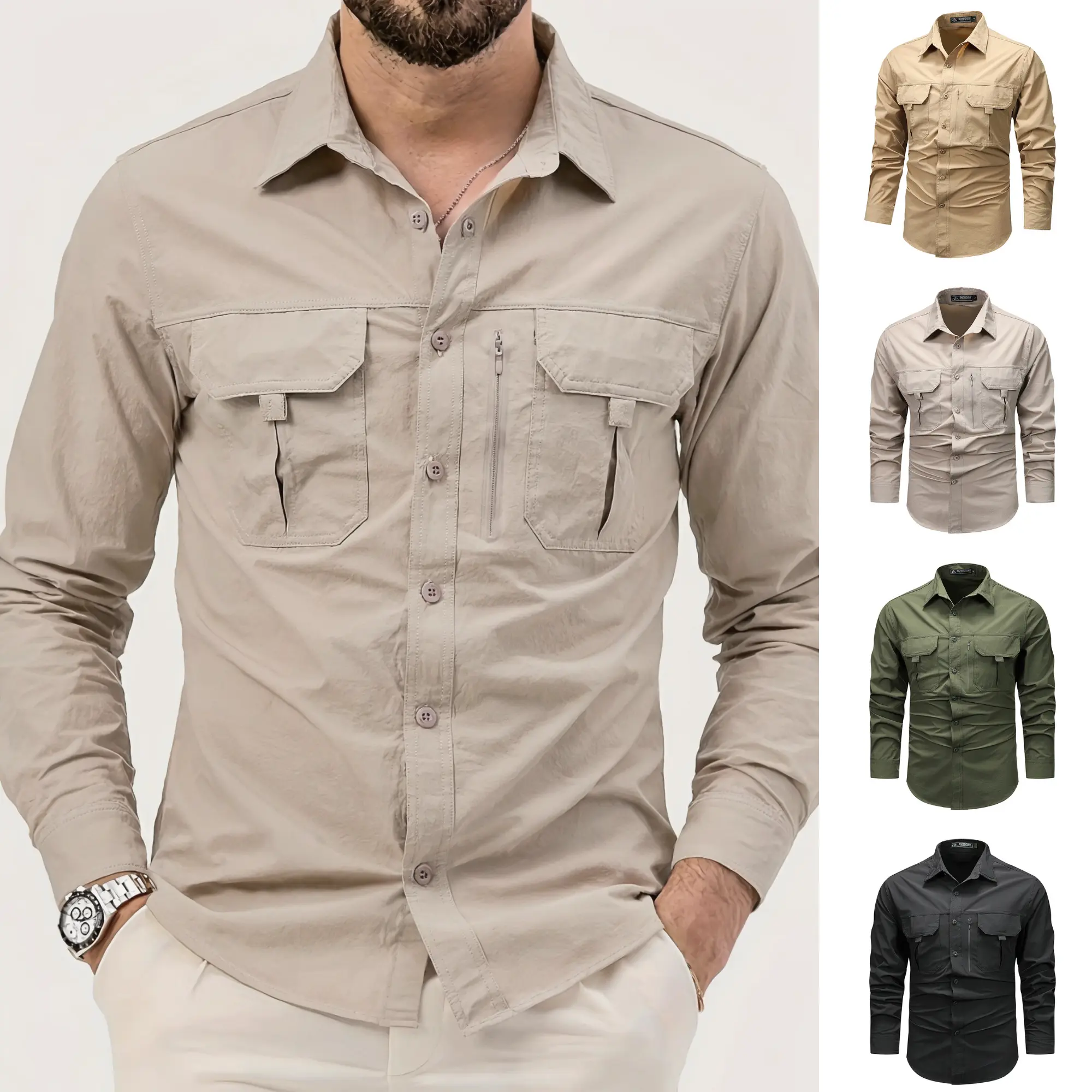 Men's Elastane Long-Sleeve Outdoor Workwear Casual Collared Shirt - Multi-Pocket, Turn-Down Collar Top