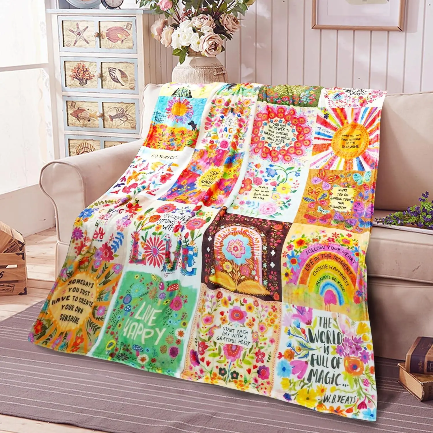 Boho Floral Patchwork Throw Blanket, Inspirational Thoughts and Folk Art on Soft Warm Flannel for Reading Sofas and Bedroom Corners, Women, Mom, Sister or Friend, Quiet Evenings, Cozy Home Styling and Everyday Encouragement