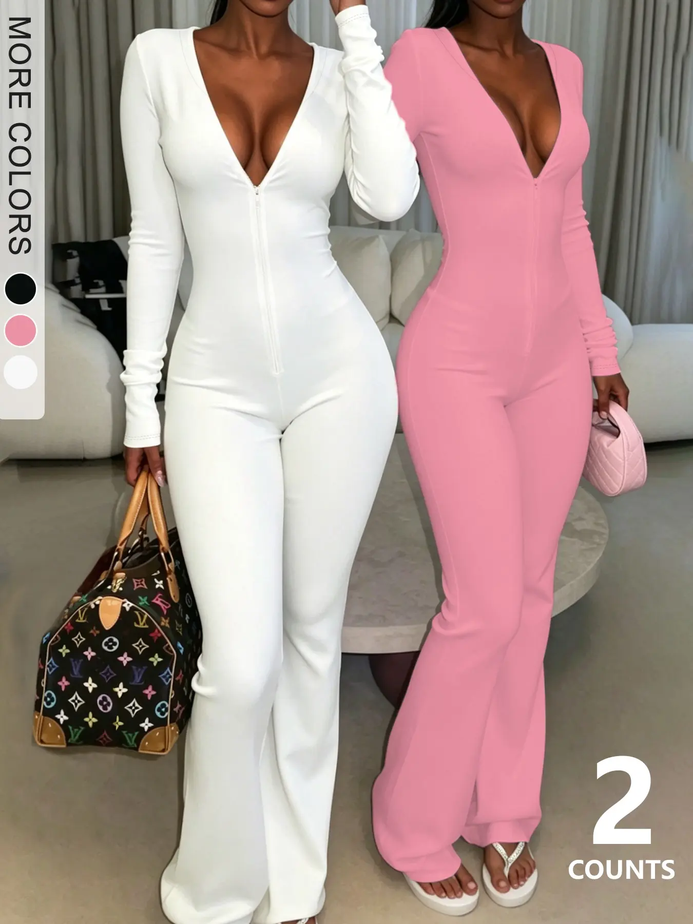 2 Piece Women's Plain Slim Fit Jumpsuit, Long Sleeve Deep V Front Zipper Bell Bottom, Fashion Casual Clubwear and Daily Wear Outfit