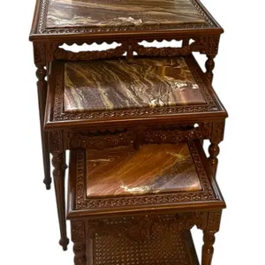 Egyptian Handmade Wooden Table with Marble Top - Elegant Design & Natural Stone Finish