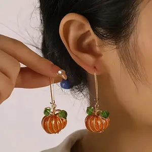 Luxury Halloween Pumpkin Earrings - Orange Zinc Alloy with Green Leaves, Perfect for Parties & Celebrations, Festive Fall-Themed Jewelry, Halloween Accessories, For Teenager, Pumpkin Earring For Teenager, Pumpkin Earring For Girl