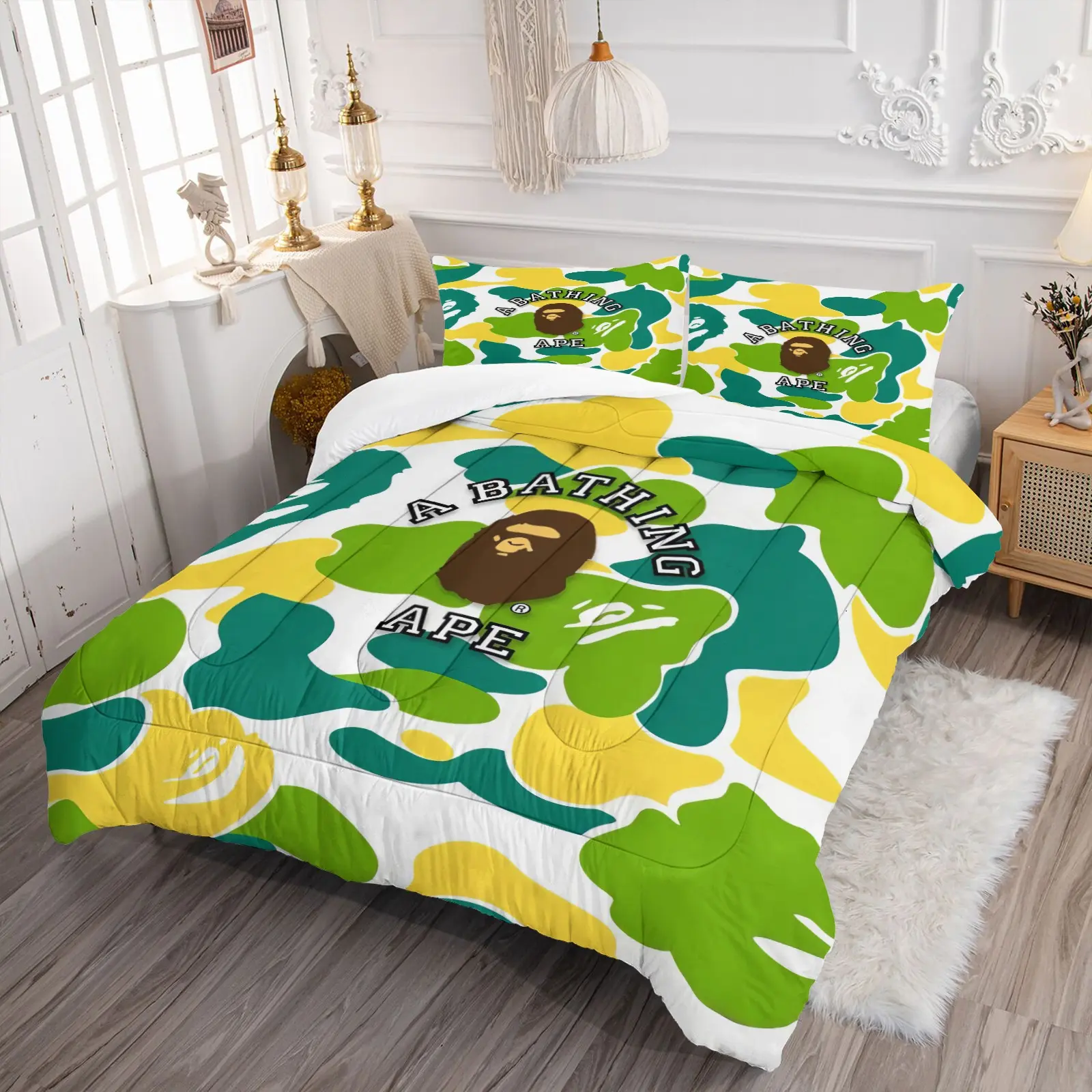 Bape ABC Camo Comforter Set, 1 Comforter and 1-2 Pillowcases Coreless, Classic Brand & Classic Ape Head Logo, Soft Comfortable, Street Style Bedroom Decoration, Gift for Streetwear Enthusiast