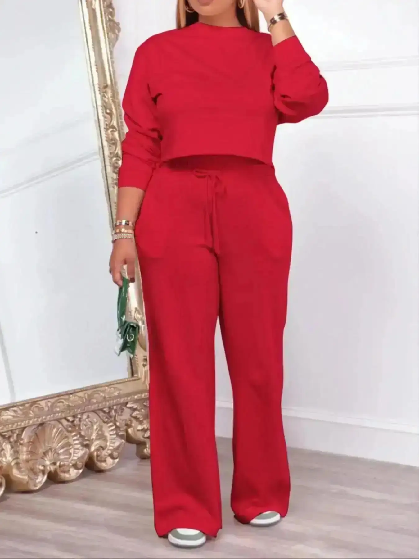 Chic Casual Top & Drawstring Waist Flare Leg Pants Set, Casual Long Sleeve Top & High Waist Bell Bottom Trousers for Fall & Winter, Ladies Clothes for Daily Wear, Trendy, Stretchy, Feminine