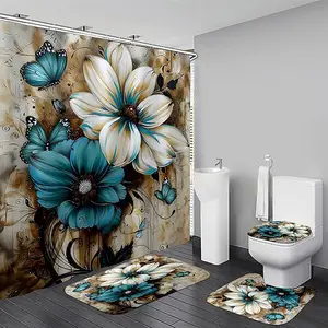 1/4pcs white and blue painted shower curtain set with floral, butterfly, Flower patterns, non-slip mat, U-shaped rug, toilet seat cover, perfect for bathroom decoration, partitioning, and beautifying the space. Includes 12 shower curtain hooks