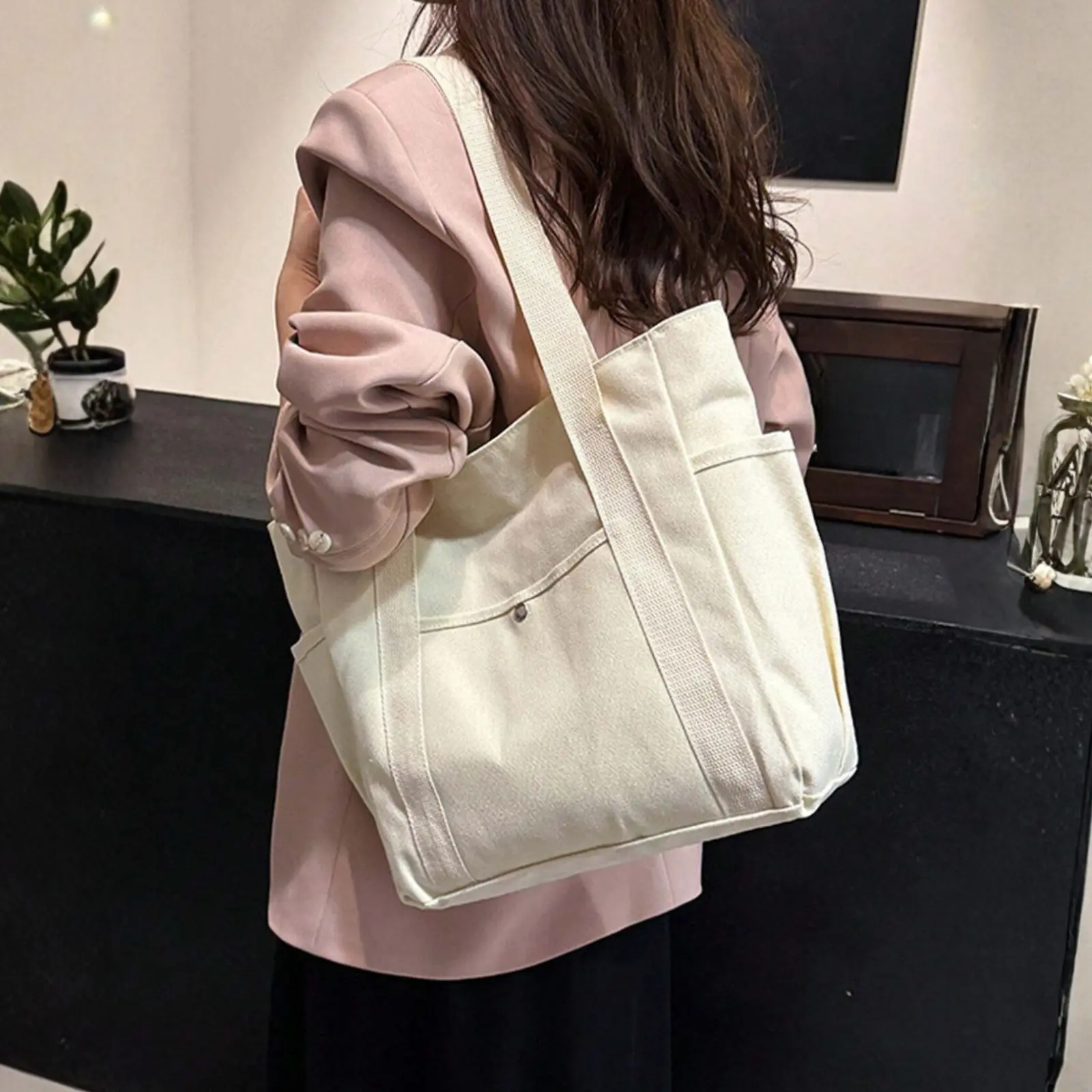 Large Capacity Canvas Tote Bag Multi-Pocket Shoulder Bag Portable Women Handbag