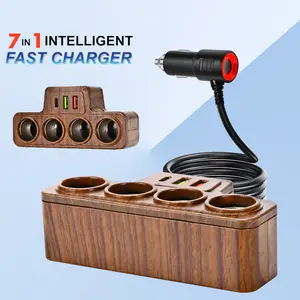 7-in-1 Wood Grain Car Charger, 120W Fast Charging, 4 Cigarette Lighter Outlets, Multi-Device Power Supply, Car Power Distributer