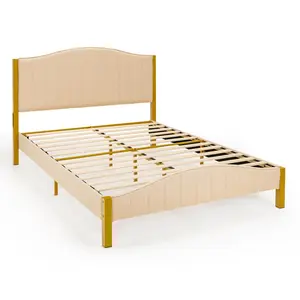 Spaco Wave-Like Queen Bed Frame/Upholstered Bed Frame with Vertical Channel Tufted Headboard/Strong Wooden Slats Platform Bed Frame with Golden Columns/Mattress Foundation/No Box Spring Needed/Easy Assembly