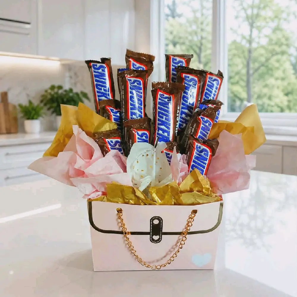 Snickers Chocolate Candy Bouquet with Candy Bars - Sweet Snack Gift Basket for Birthday, Get Well Soon Occasions