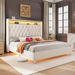 AMERLIFE LED Bed Frame with USB Ports and Motion Activated Night Light, Upholstered Bed Frame with Storage Button Tufted Headboard and Wingback, Comfortable&Sturdy/Queen/King Size/Best Gift Ideas/Christmas Gifts