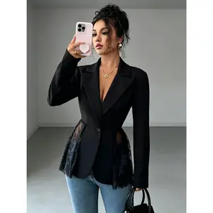 MES Women's Elegant Statement Lace Patchwork Slim Fit Long Sleeve Blazer Jacket, Perfect for Office, Dates and Parties