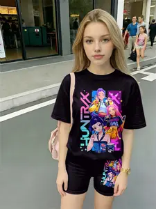 Anime Full-Print Family Matching, Contrast Color, Asymmetrical Design, Casual Fit Crop Top & Shorts Set, All over Print, Short Sleeve