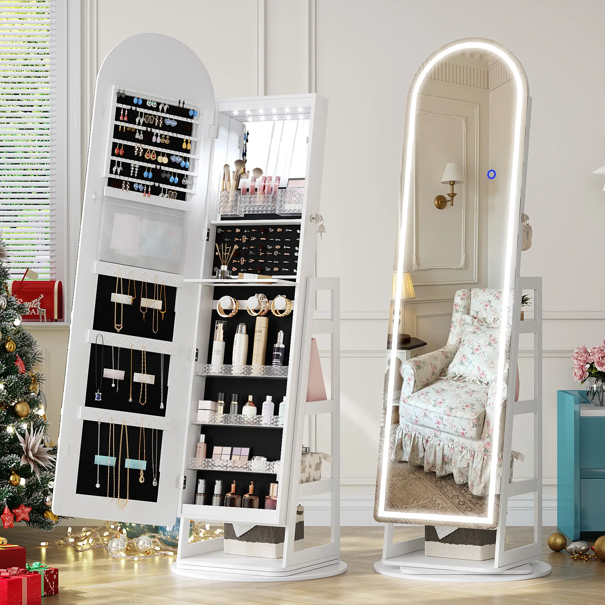 Miu Round-Corner Design Full-RGB exterior length Mirrorwith 360° Swivel & LED-Lit Features, Lockable Design Brush Cabinet
