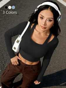 Women's Cx315-1 Elastic Breathable Two-Piece Sports Long Sleeve Active Top with Chest Pad Mesh Patchwork Slimming Waist Yoga Fitness Outerwear Gym Yoga Tops Breathable Workout Tops, Yoga Clothes, Breathable Activewear