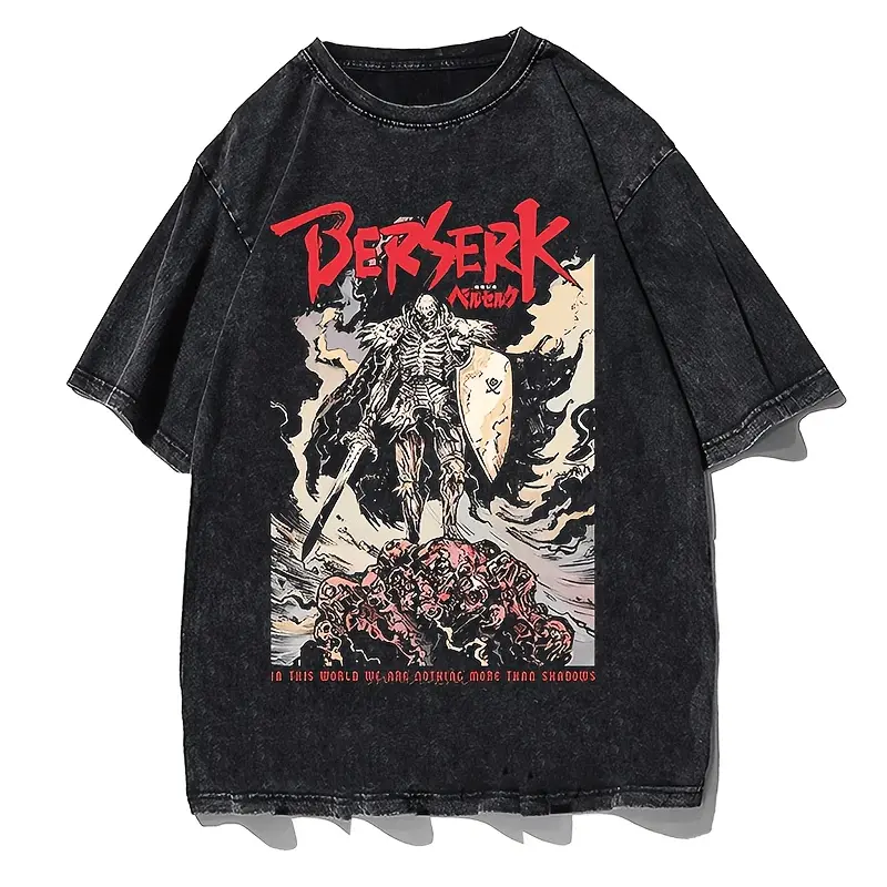 Men's Berserk Washed T-Shirt, Crew Neck Fitted Tee, Skull Knight Art, "We Are Nothing More Than Shadows" Iconic Quote, All Seasons, Holiday Wear, Machine Washable, Supernatural-Themed Men's Short-Sleeve T-Shirts, Horror Style Men's Short-Sleeve T-Shirts