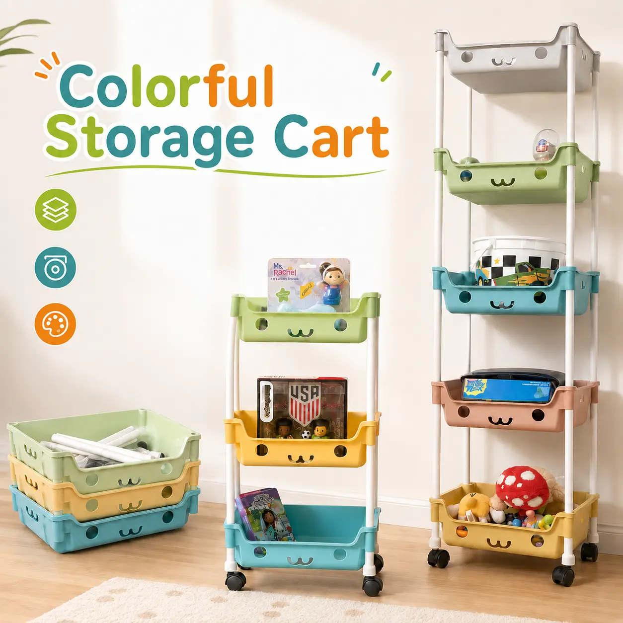 5 Tier Rolling Utility Cart with Wheels, Multi-Layer Storage Organizer Rack, Large Capacity Mobile Storage Cart for Kitchen, Bathroom, Bedroom, Office & Nursery, Multicolor