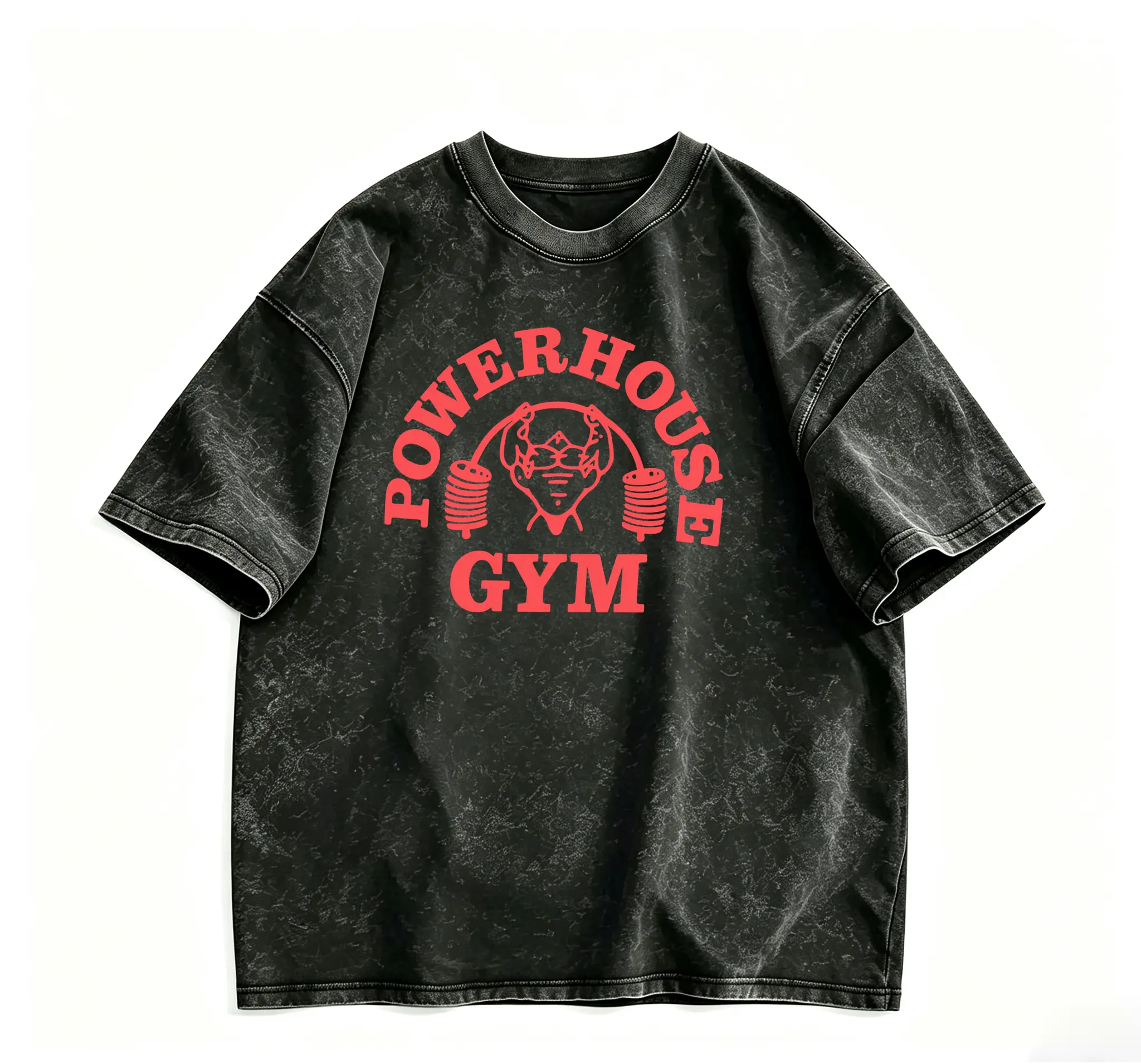 Men'S Heavyweight T-Shirt - 100% Vintage Washed Gym | Loose Fit, Wide Shoulder Sleeves, Gorilla World Gym & Powerhouse Gym Graphic Print