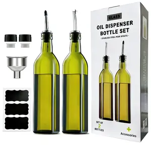 2 Pcs Green Glass Olive Oil Dispenser and Vinegar Dispenser Set with 2 Stainless Steel Pourers, 4 Labels, 1 Funnel (500ml) for Kitchen, Cooking, Salad Dressing, Barbecue, Mixing