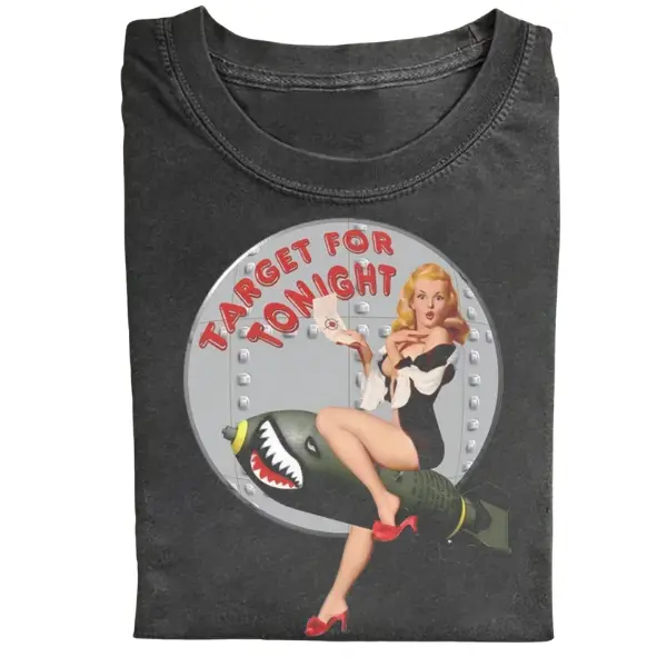 Vintage Washed Target For Tonight Shark Mouth Pinup Girl Graphic T-Shirt, Retro Military Aviation Bomb Rider Illustration Unisex Heavyweight Tee, Premium Comfort Cotton Crewneck Top For Men Women