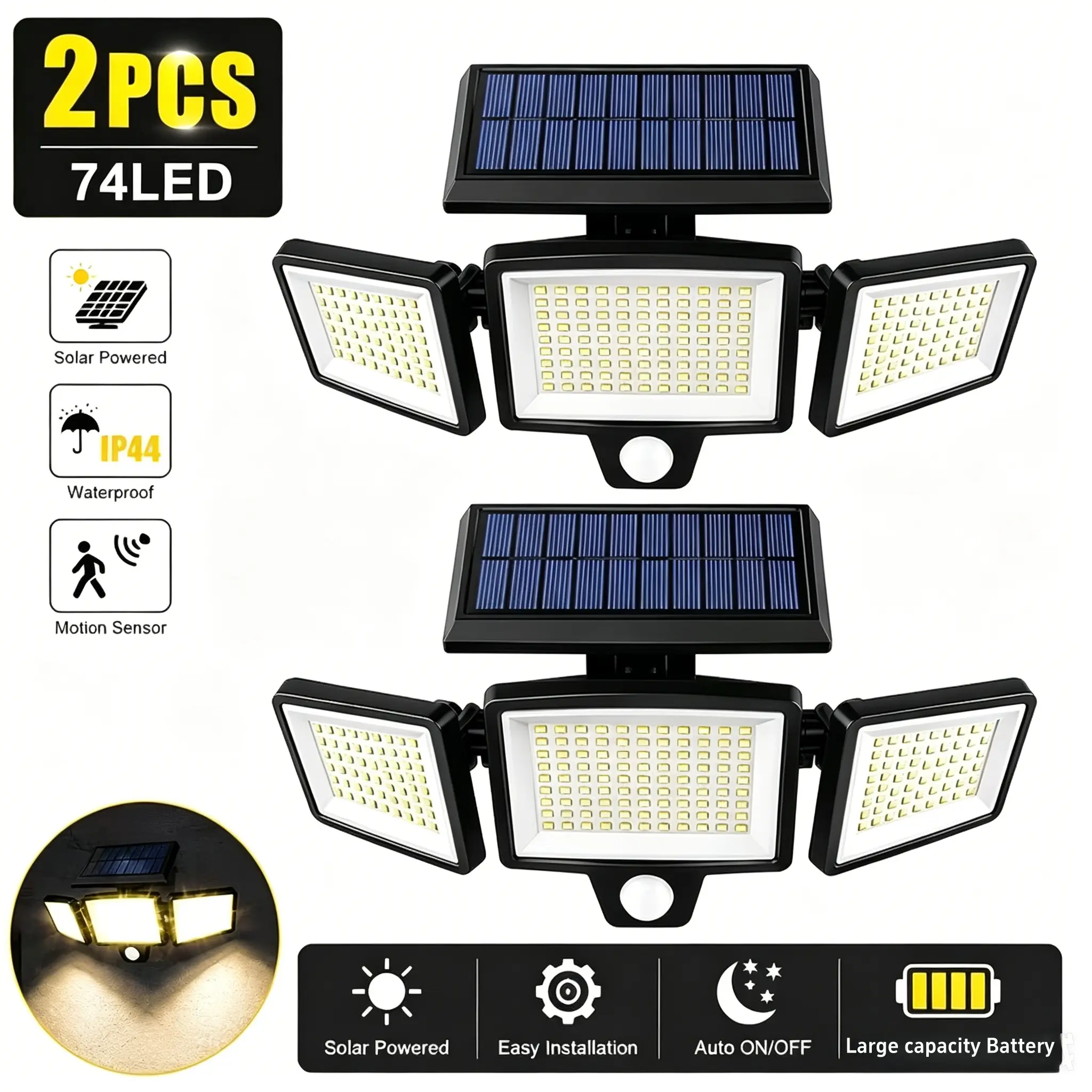 2 Sets Motion Detection Solar Outdoor Street Lamps, 2600 Lumens Bright 74 LED Wall Mount Floodlights, 3 Freely Adjustable Lamp Heads, 270° Wide-Angle Lighting, Complete with Remote Control, Perfect for Garage Doorways, Yards and Outdoor Patios