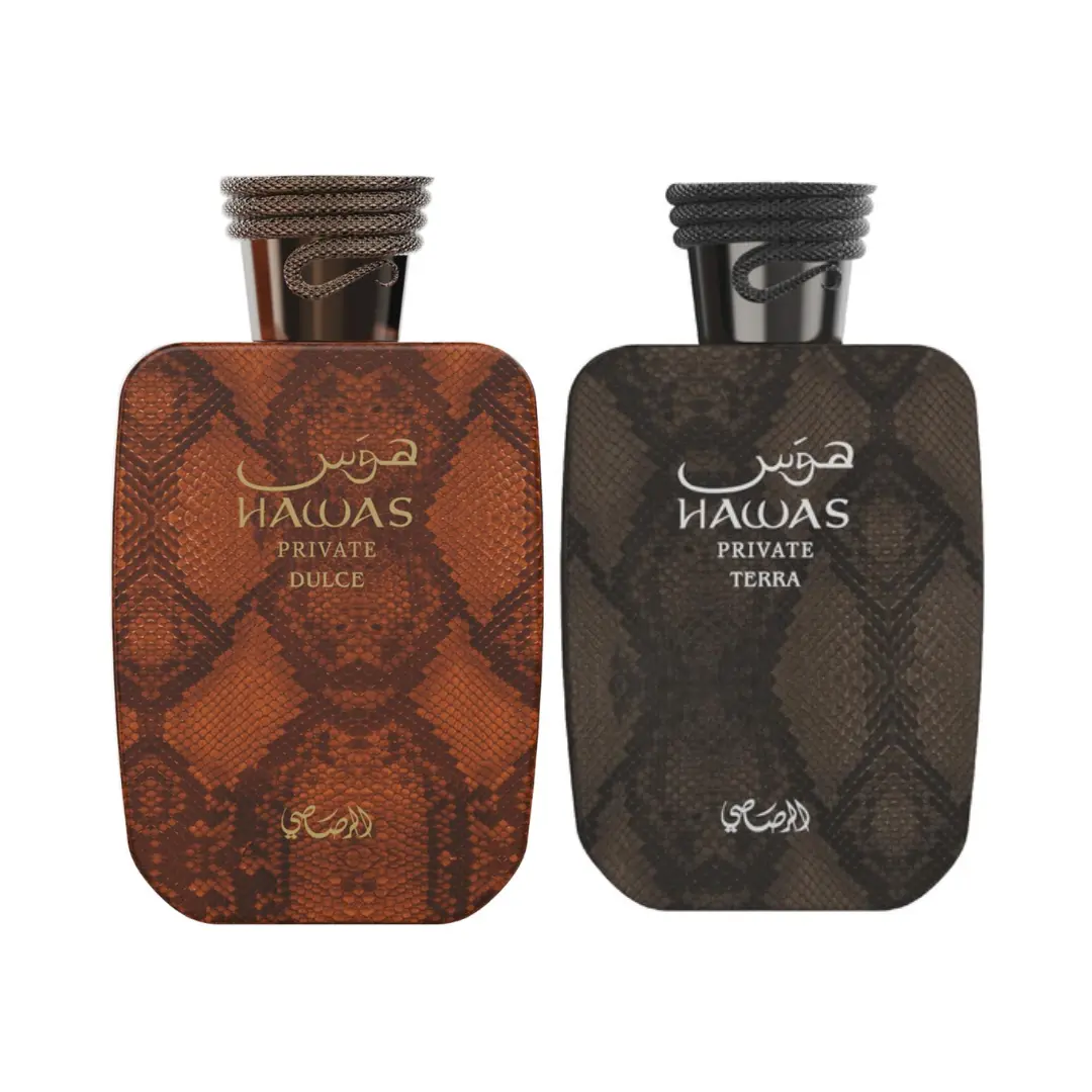 Rasasi Hawas Private Dulce & Private Terra Extrait de Parfum 3.4 oz Bundle I 2-Piece Luxury Fragrance Set, Sweet, Fruity, Woody & Warm Scents