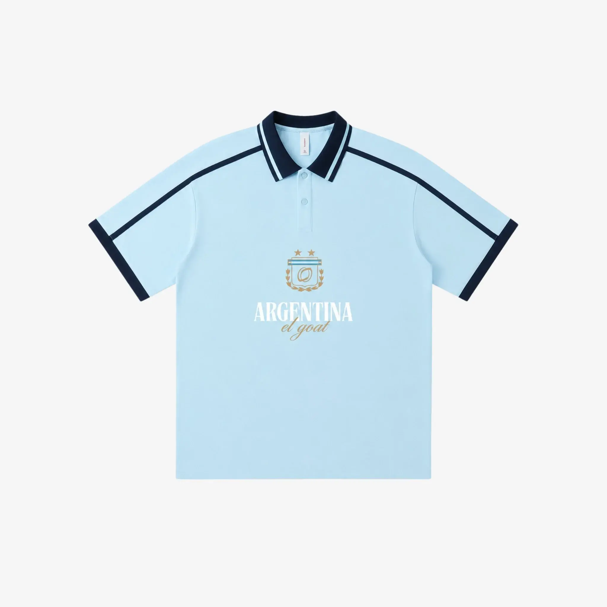 Vintage Sky Blue Polo Shirt for Men – Navy Contrast Collar & Sleeve Trim, Elegant Gold Embroidered Detail, Retro Football-Inspired Aesthetic, Classic Short Sleeve Casual Shirt, Premium Streetwear & Everyday Fashion