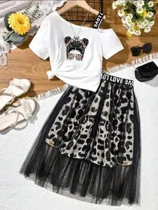 Girls Fashion 2pcs Black Mesh Leopard Print Midi Skirt + Chic One Shoulder T-shirt Summer Two-piece Set Casual Fashion Set
