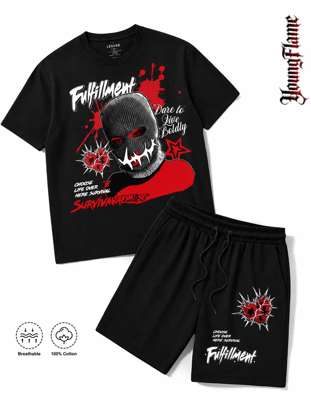 Men's 2-Piece 100% Cotton Short Outfit - Opium Core Graphic Tees, Ski Mask, Edgy Y2K Streetwear, Comfortable Summer Gift loose fit breathable fabric athleisure workout set