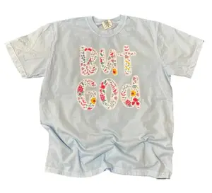 But God Floral with Lace Trim T-Shirt on Comfort Colors Chambray
