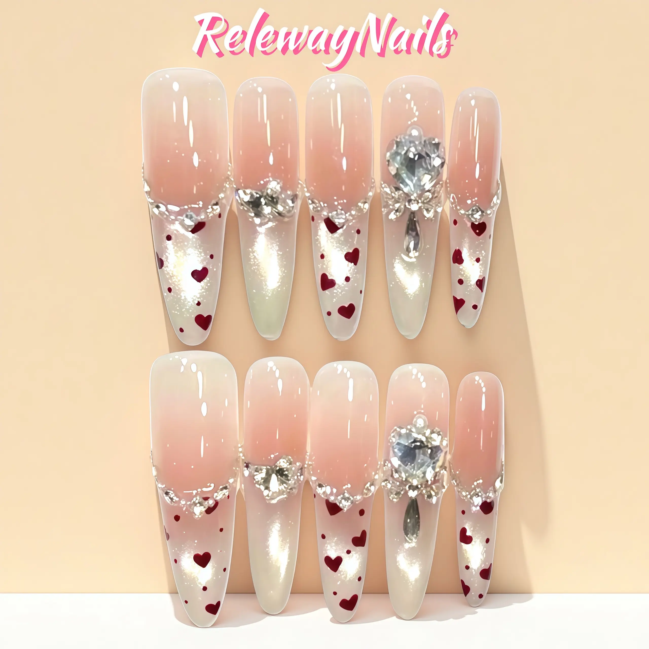 Long Narrow Conffin Press On Nails White Glitter Fench Nails Tip Hand Painted Red Heart 3D Diamond | Muted Opulence
