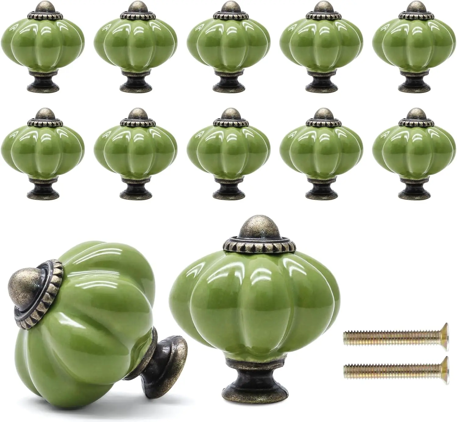 12 Pack Sa Green Pumpkin Knobs Ceramic Cabinet Knobs Retro Dresr Vinta Drawer Pulls for Vanity, Clot